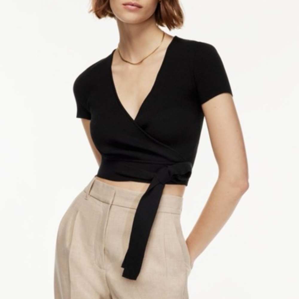 Wilfred Aritzia All Tied Up Sweater Top Cropped Black Ribbed Women's Size XS